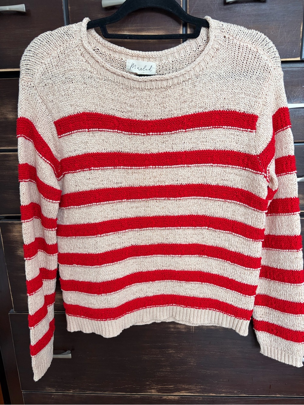Marled Beige Crewneck Sweater with Red Stripes/ Size XS a little stretchy.